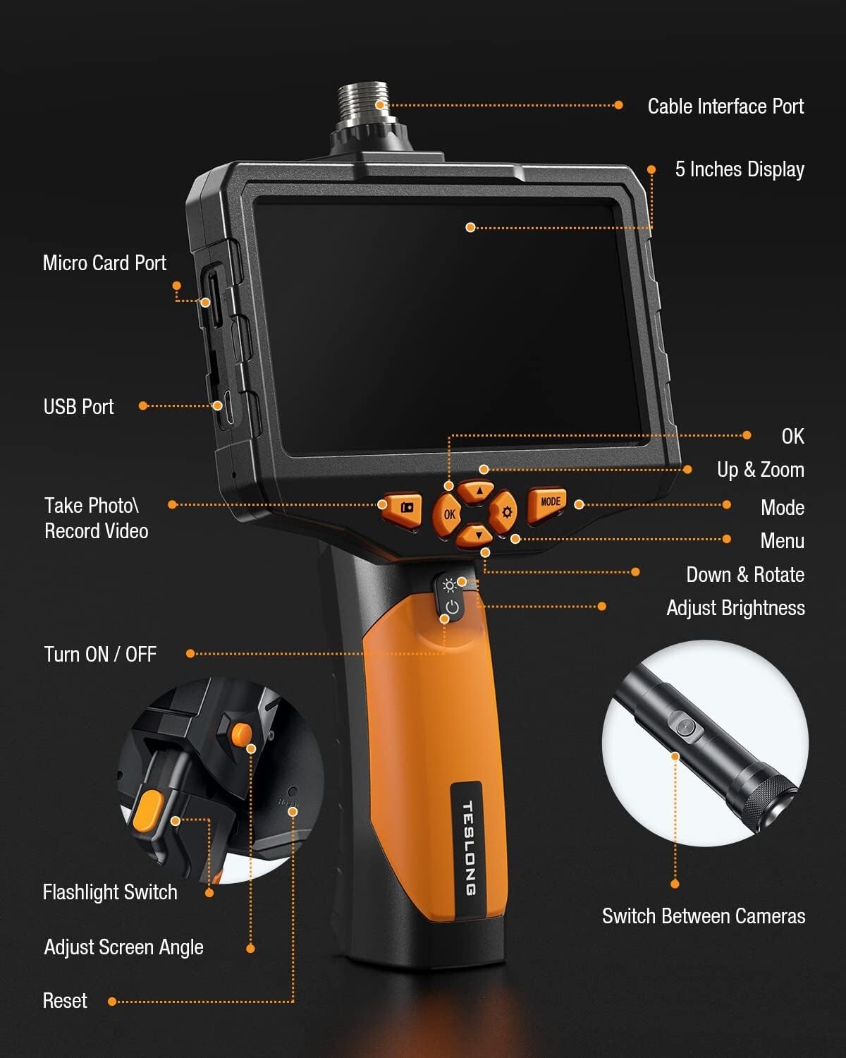 Dual Lens Borescope Inspection Camera Endoscope Camera with 5" Screen 16.5FT