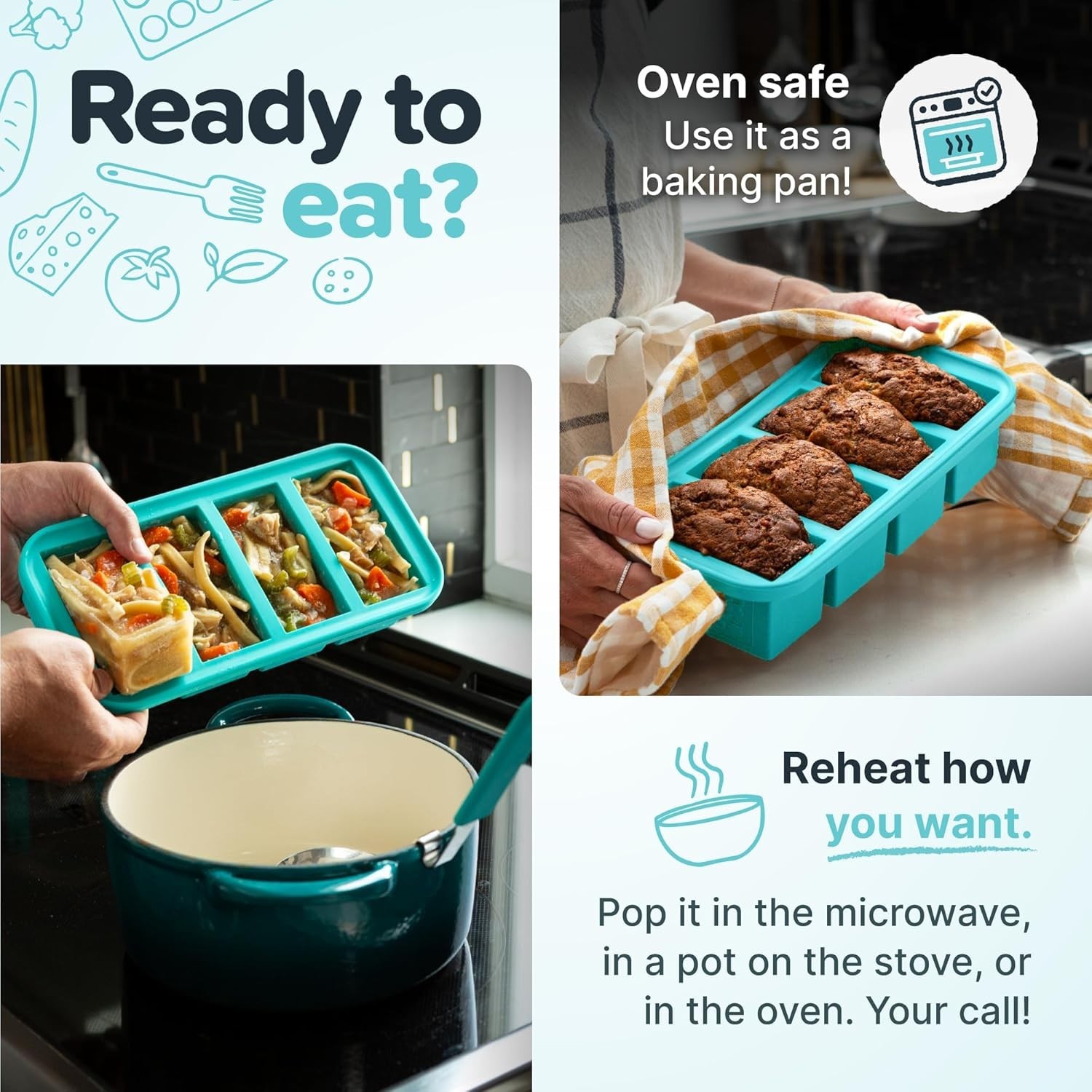 2-Pack Aqua Silicone Freezer Molds with Lids - Easy Meal Prep Solution