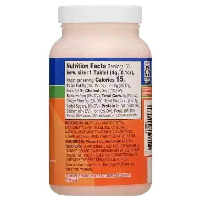 Relion Glucose Tablets, Orange Flavor, Fat-Sodium-gluten-caffeine Free, 50 Count