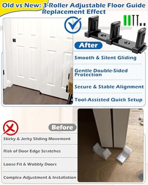 3-Roller Adjustable Sliding Closet Door Floor Guide Upgrade Kit (Pack) 2 Black