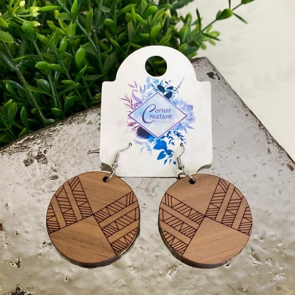 Corner Creation Light Weight Etched Wood Earrings