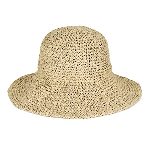 Womens Floppy Straw Sun Hat Foldable Packable Wide Brim Summer One Size Beige