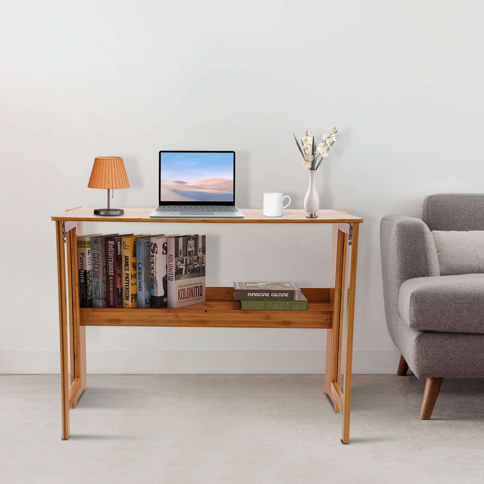 Folding Desk, Computer Desk with Bookshelf, Writing Desk for Student Office