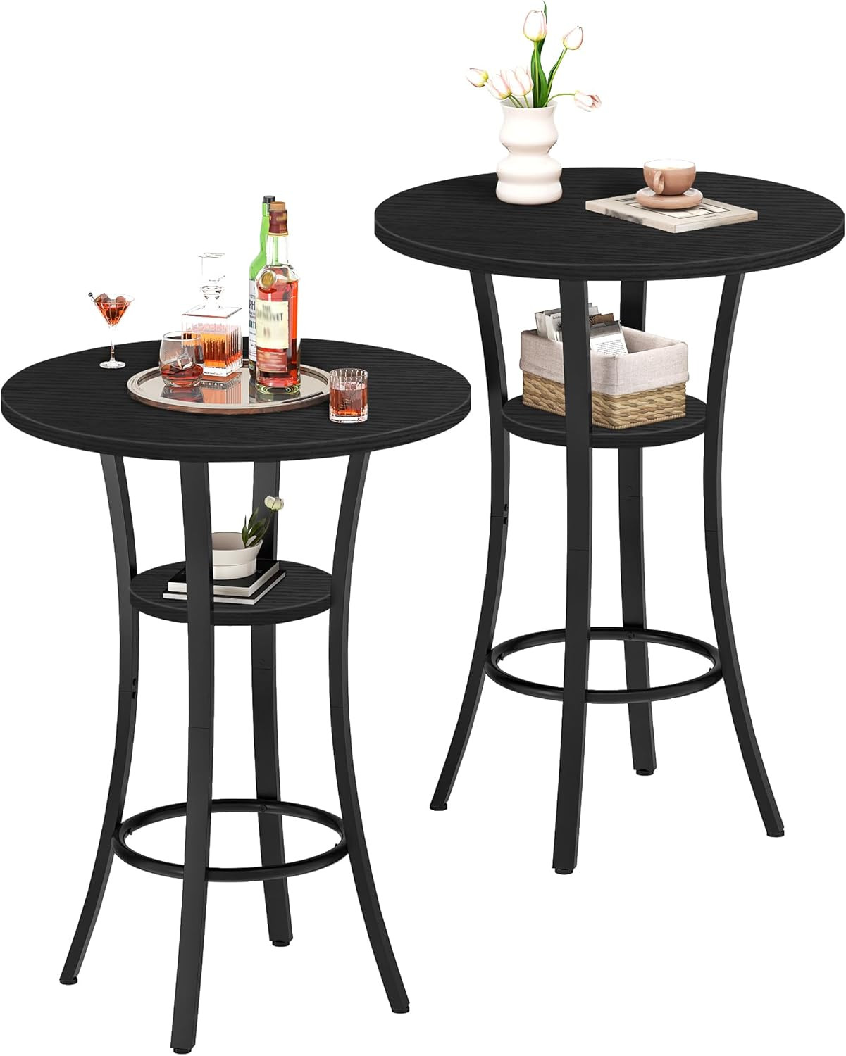 Set of 2 Round High Top Dining Tables for Kitchen, Bistro, Pub - Black