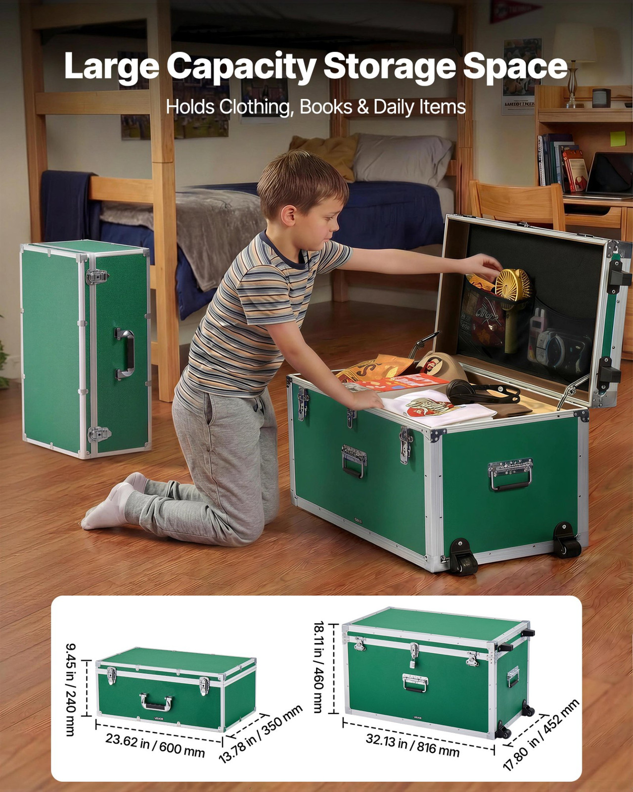 Set of 2 Metal Storage Trunks w/ Casters Handles & Locks Green