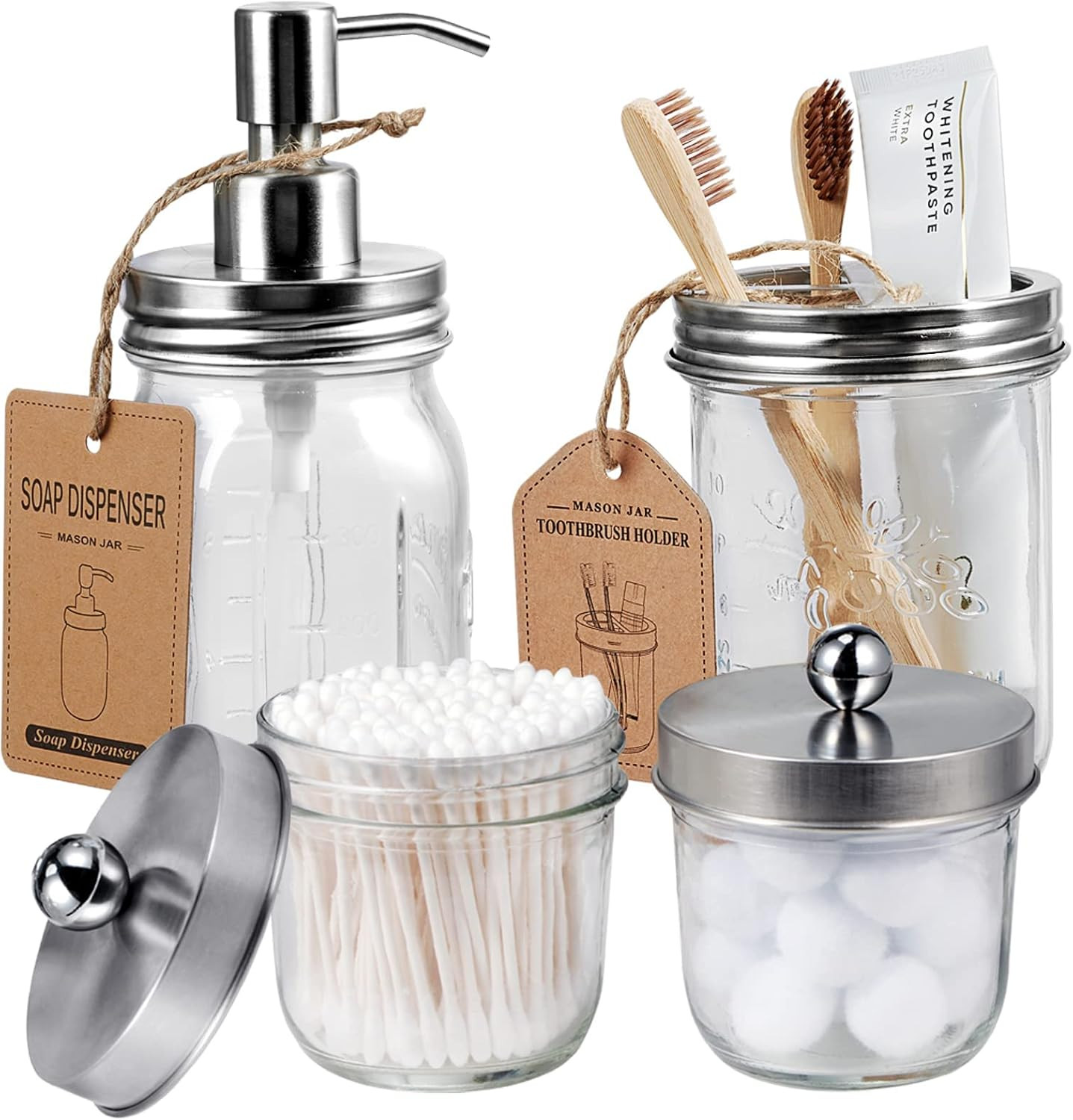 4 Pcs Mason Jar Bathroom Accessories Set - Rustic Farmhouse Bathroom Home Decor