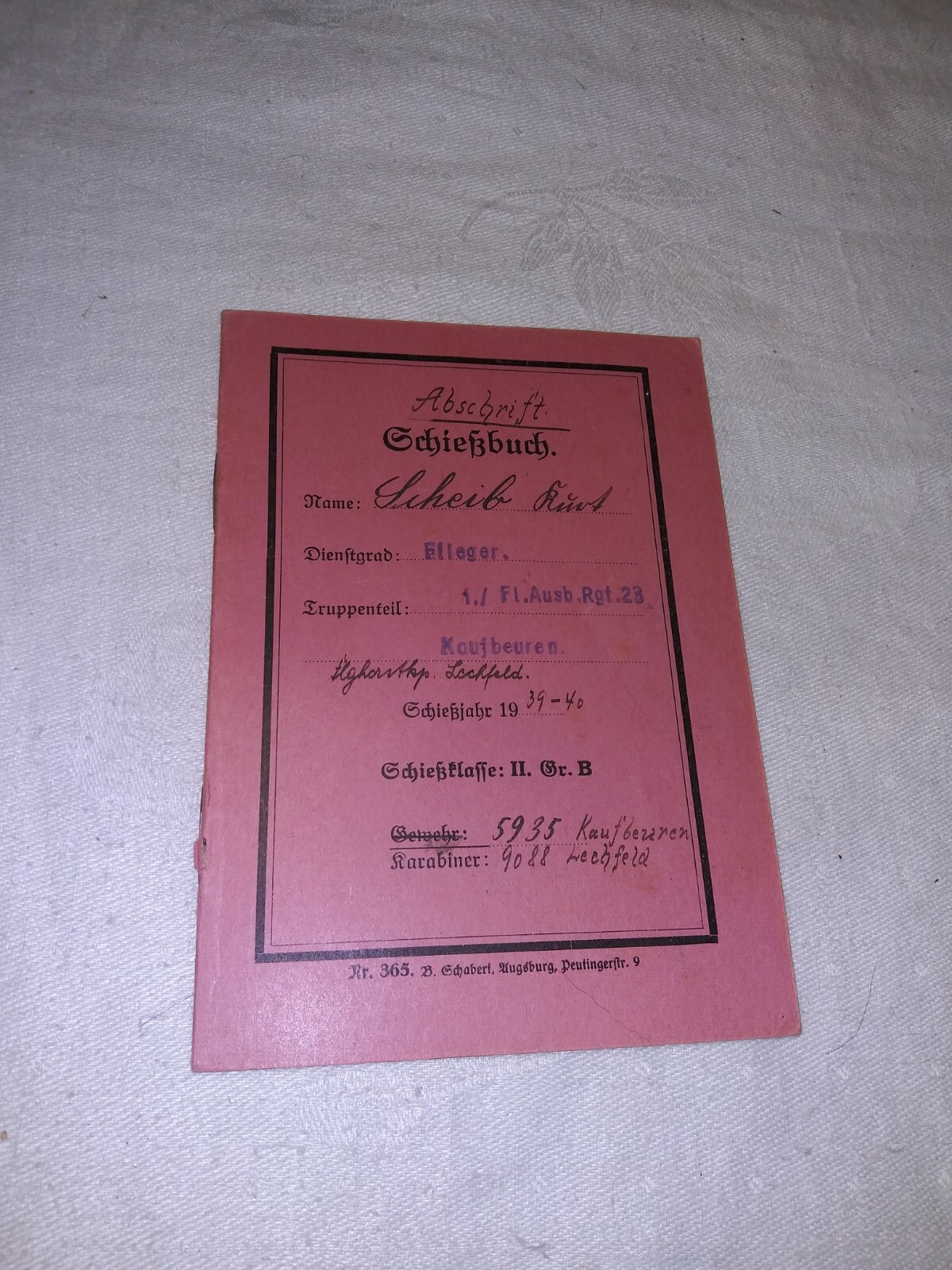 Vintage WWII 1939/40 German Schietzbuch Firing Book Named Filled In