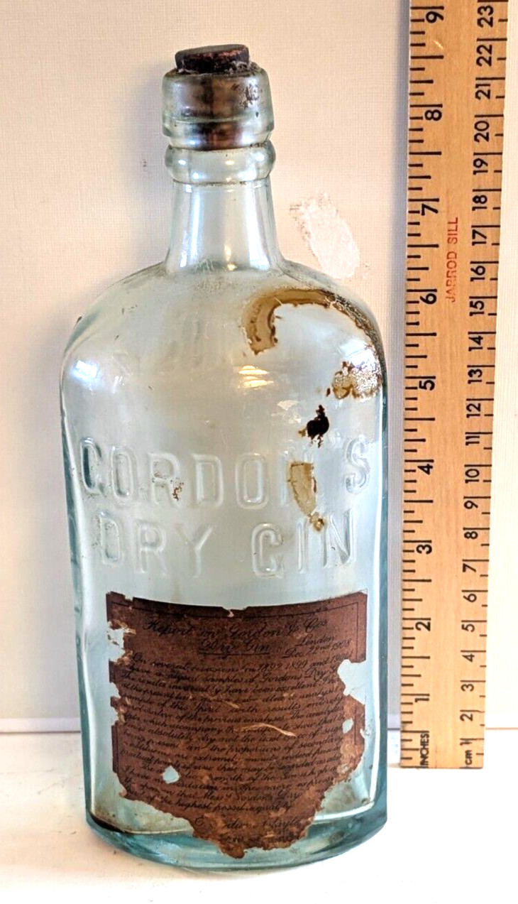 Gordons Dry Gin Cork Top Bottle London England (green tint)