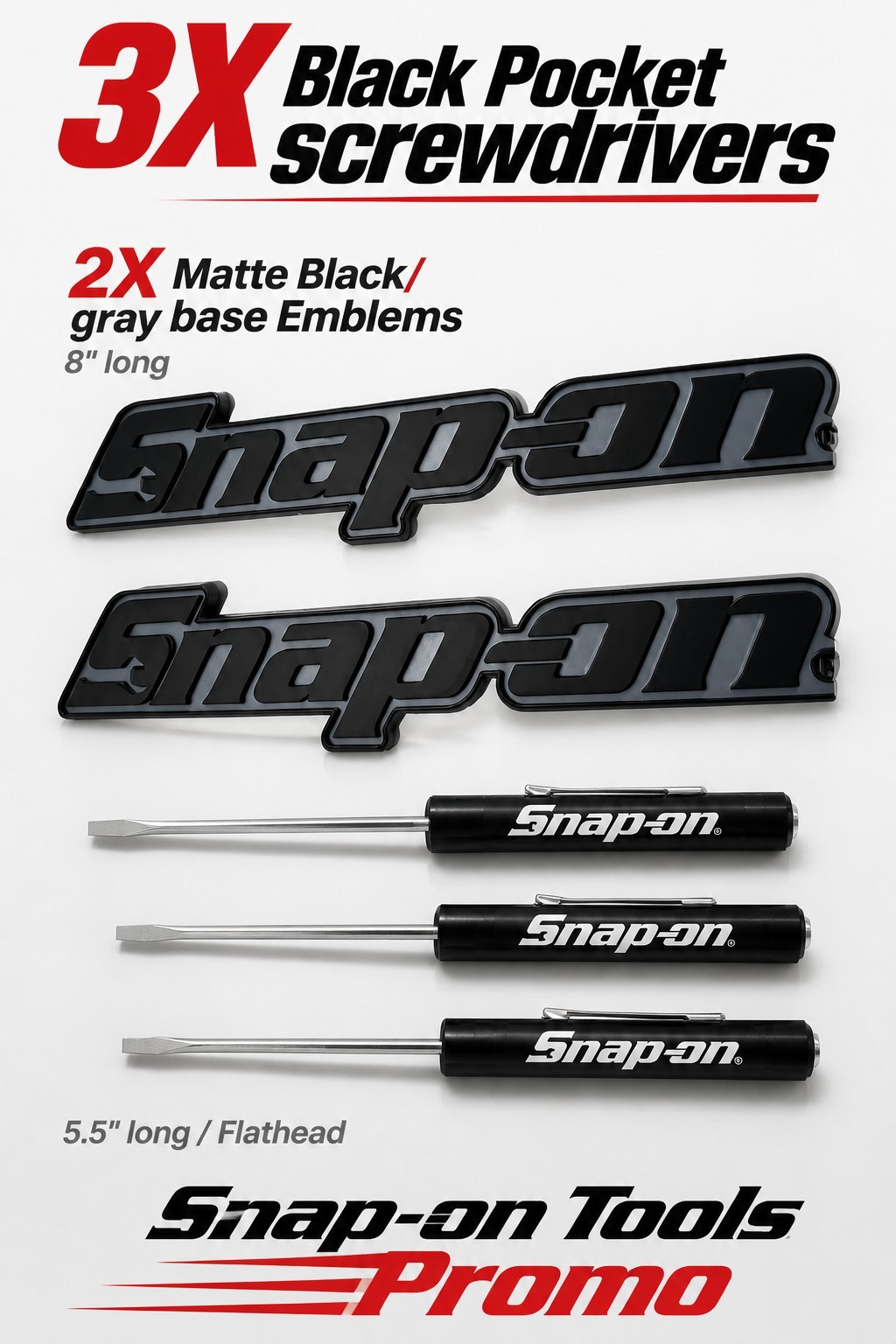 2PK SNAP ON TOOLS LOGO EMBLEM Matte Black Badge Decal+3 Pocket Black Screwdriver
