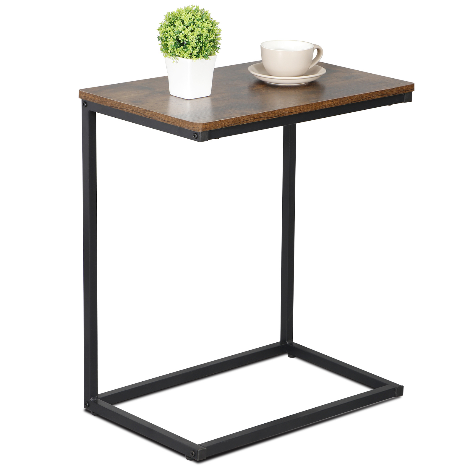 C Shaped Side Table End Table for Sofa Bed and Couch w/ Metal Frame Rectangular