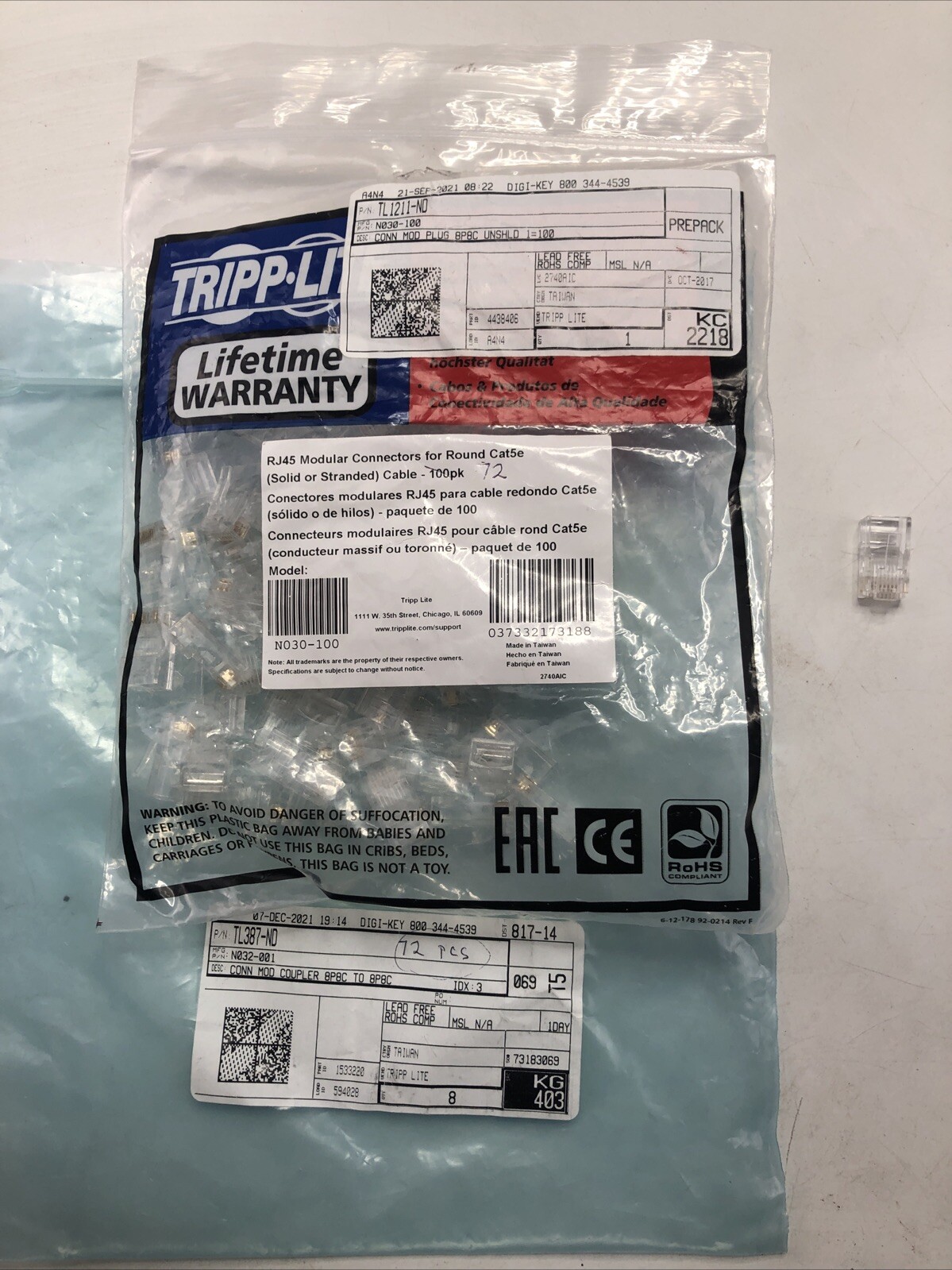 (72) Tripp-Lite RJ45 8P8C Connector Round TL1211-ND Plug Cat5e (Pack Of 72)