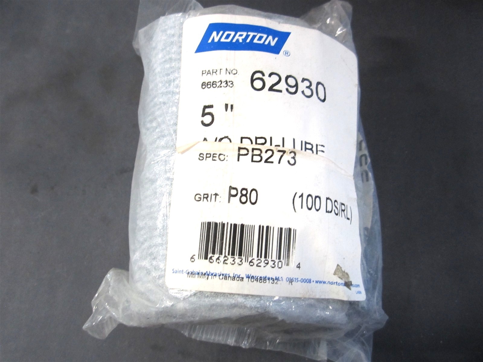 Norton (666233 62930) 5" A/O PB273 P80 Grit Dri-Lube PSA Disc Roll - Pack of 100
