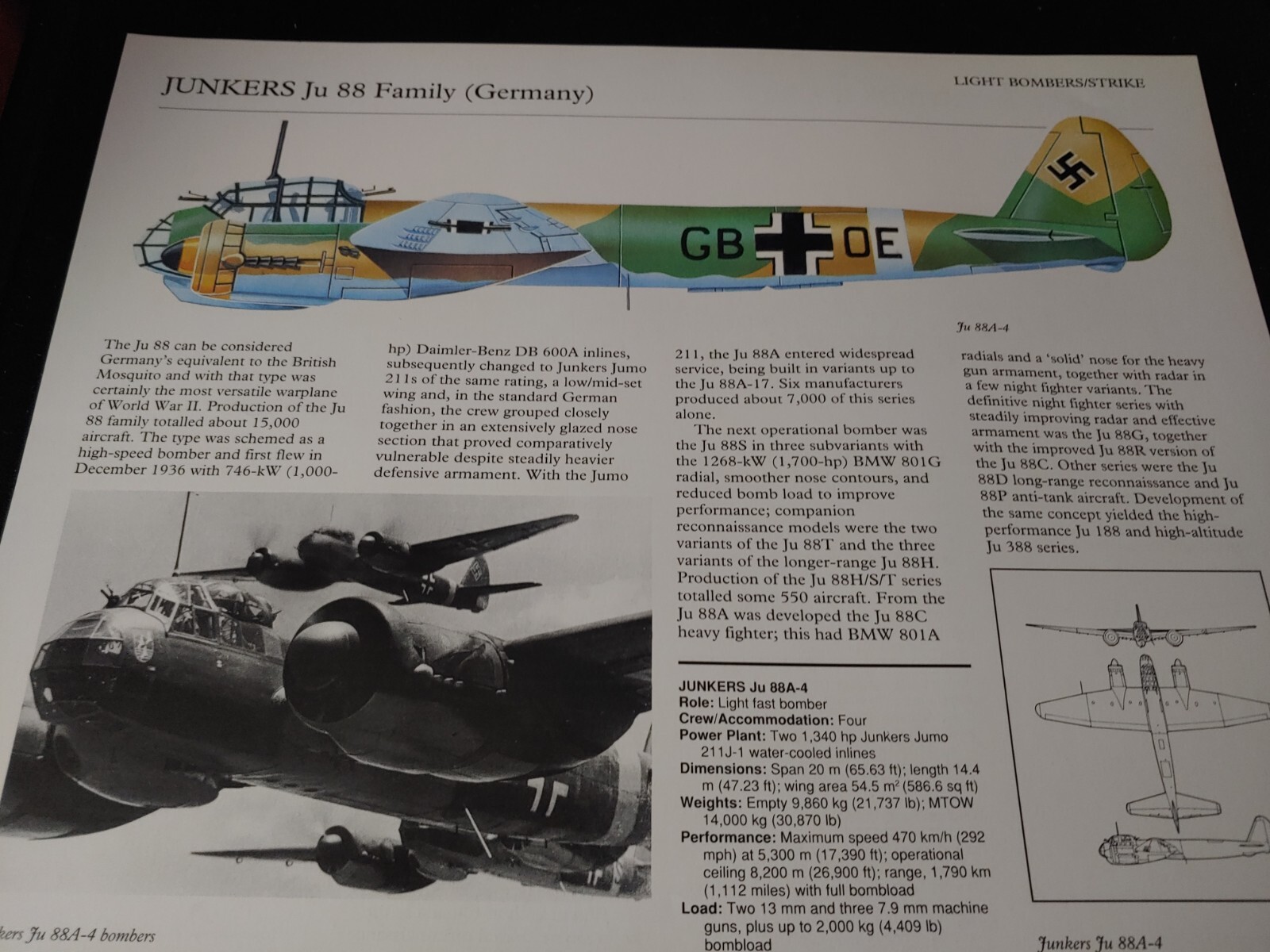 Junkers Ju 88 Aircraft Picture Out of Print Article Spec Sheet Wall Art Display