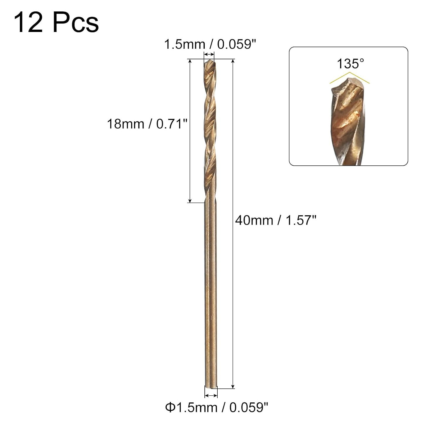 12pcs Jobber Drill Bits 1.5mm (0.059") Black Nitride & Gold Titanium Coated M2 H