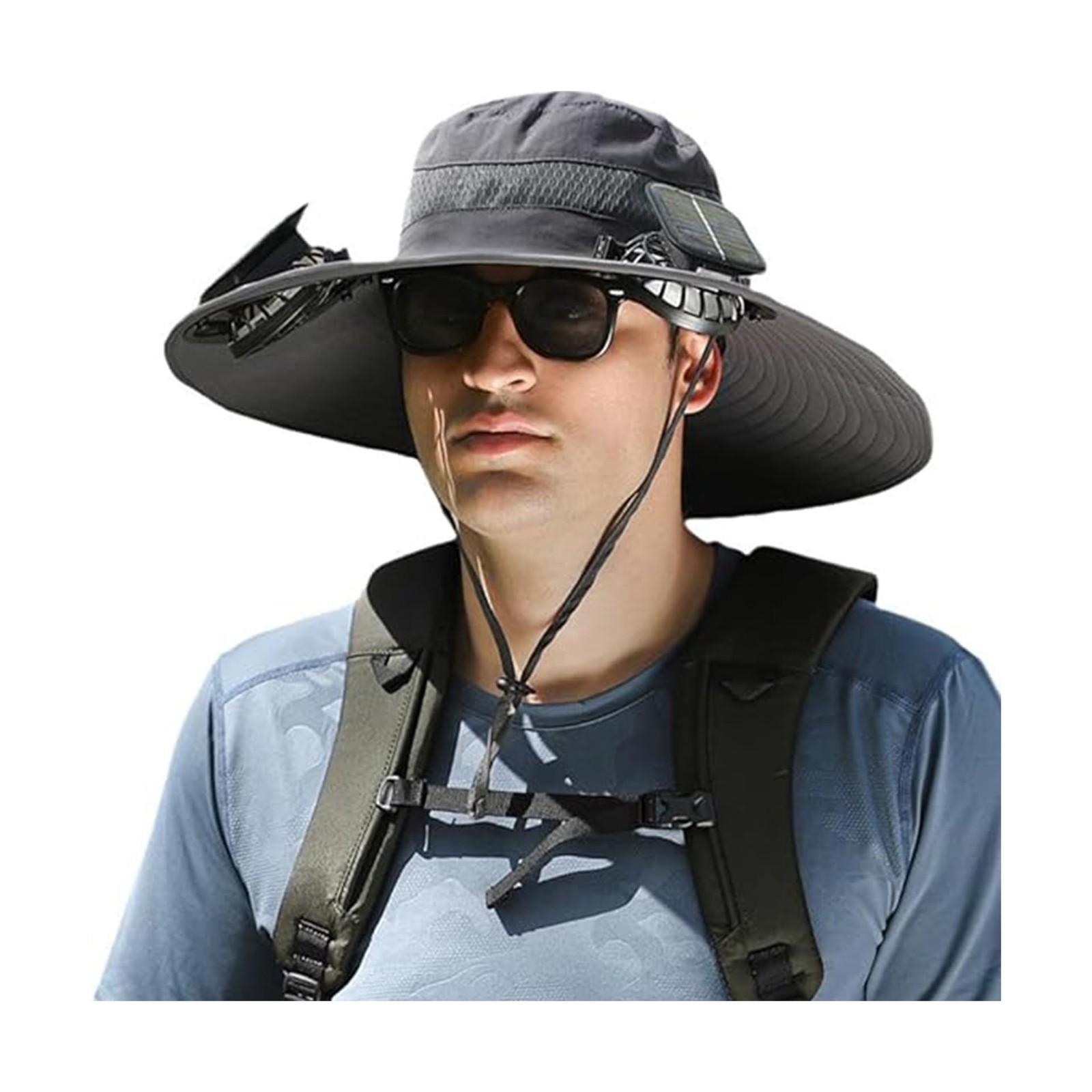 Men's Wide Brim Solar Fan Outdoor Fishing Hat in Grey - include... FAST USA SHIP