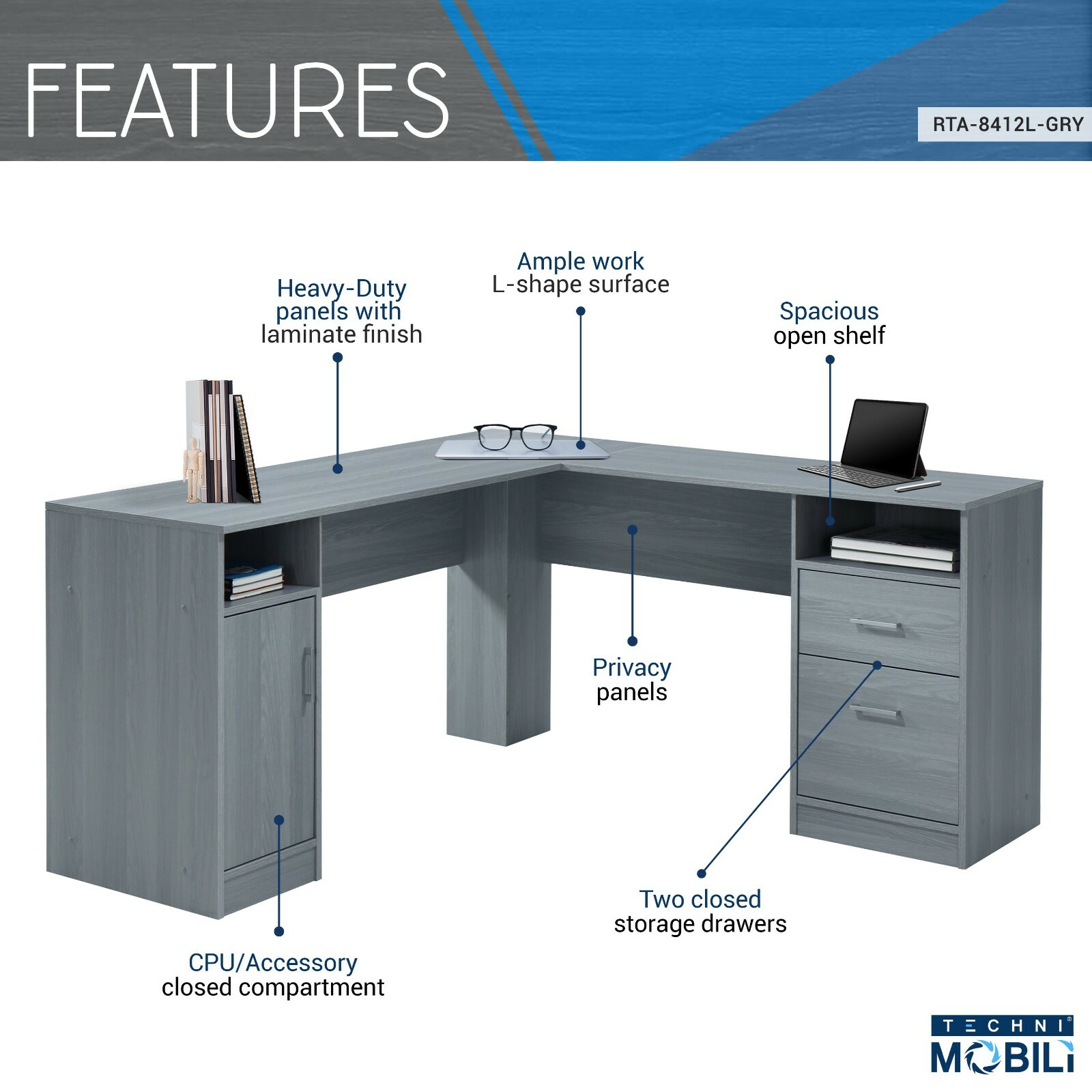 Techni Mobili Functional Computer Desk Computer Workstation w/ Multiple Storages