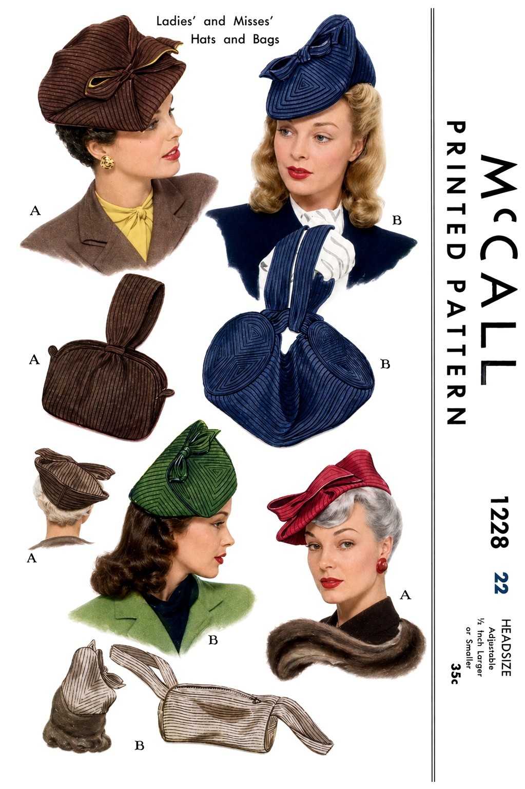 Hats & Bags Sewing PATTERN McCall 1228 Cap 1940's 22" Head