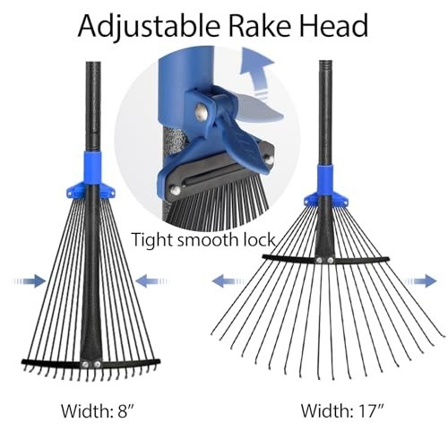 Adjustable Metal Leaf Rake with Long Handle - Heavy Duty Expandable Garden Rake