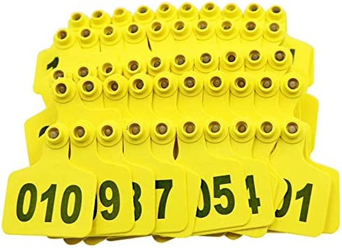 Large Plastic Livestock Ear Tags for Cattle, Sheep, and Hog (Yellow, 001-100)