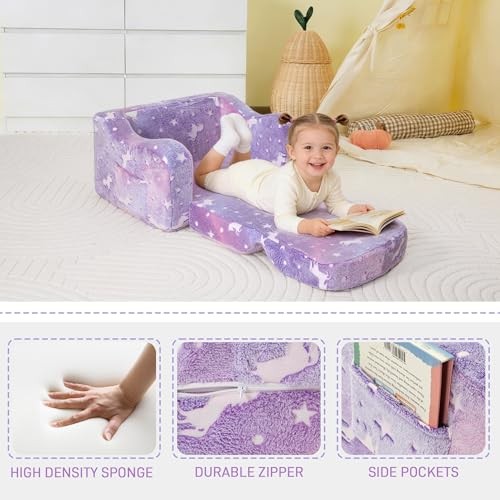 Thick Comfy Toddler Chair and Couch for Kids,2-in-1 Soft Flannel Purple Pony