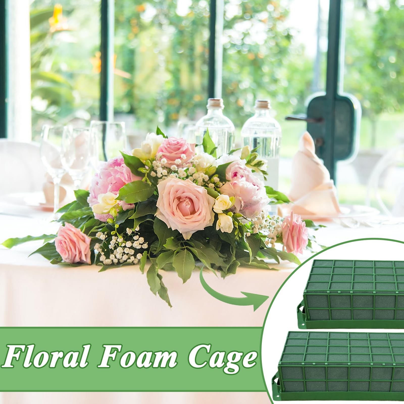 3 Pcs Green Rectangular Floral Foam Cage, Holds Fresh or Artificial Flowers, ...