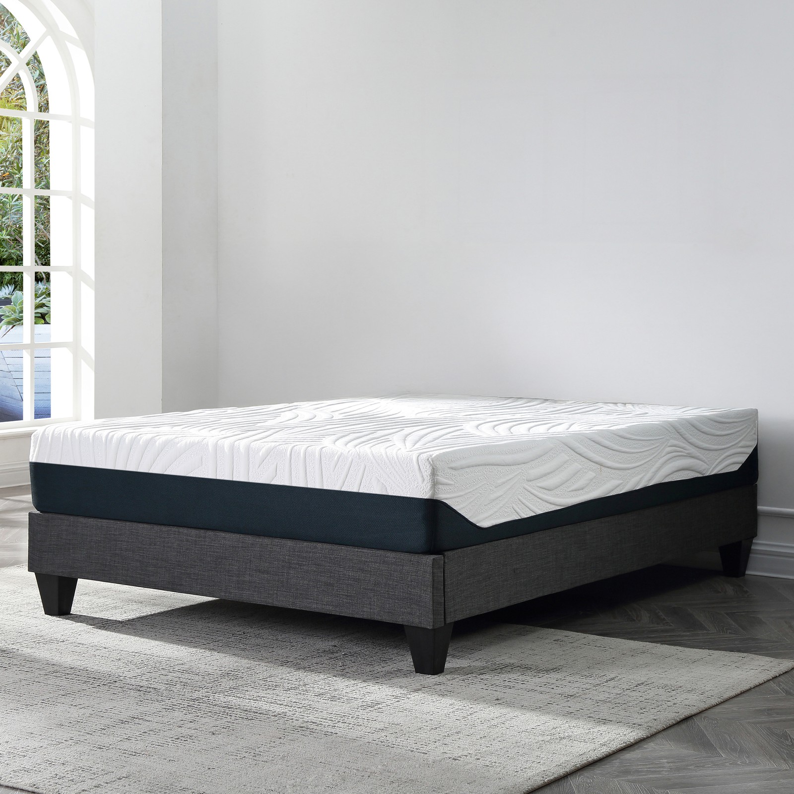 Grey Polyester Upholstered Platform Bed Frame, California King