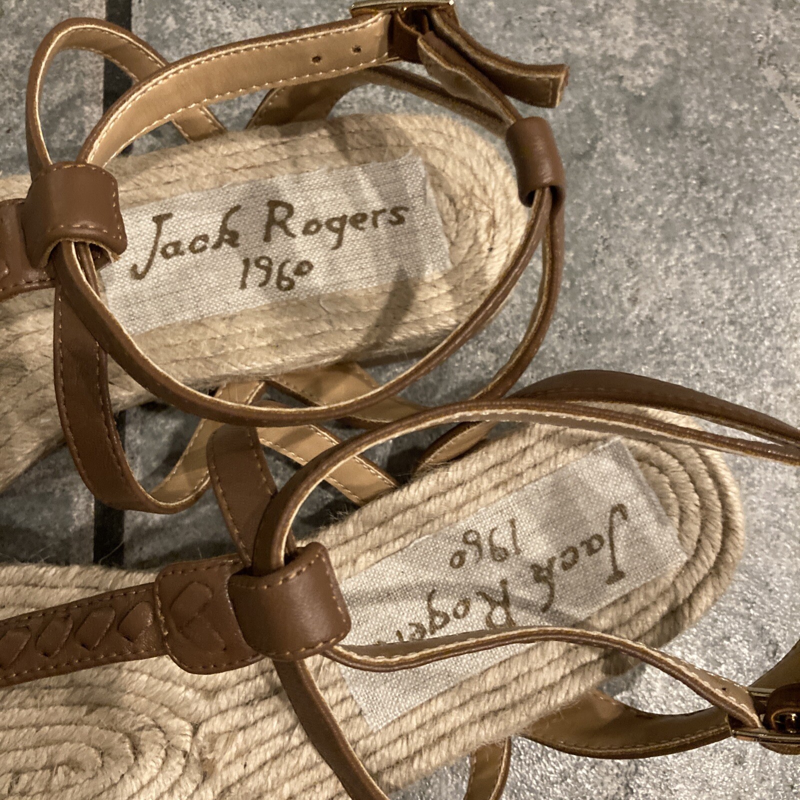 JACK ROGERS Evie Espadrille Sandal Thong Ankle Strap Leather Jute Brown 7.5 NEW