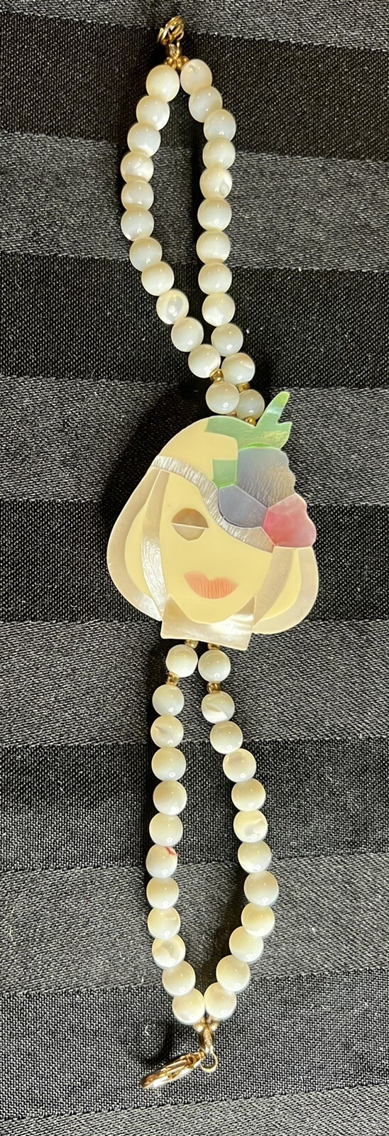 Mother of Pearl Flapper Girl Image Glass Beaded Bracelet Unique