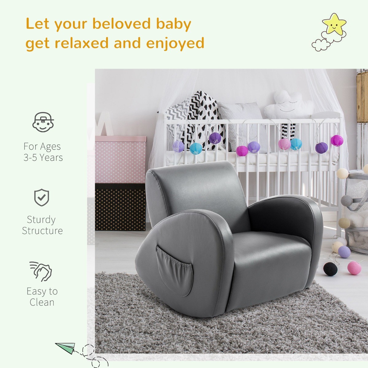 Kids Sofa Rocking Chair PU Leather Toddler Armchair w/ Side Pocket for Children