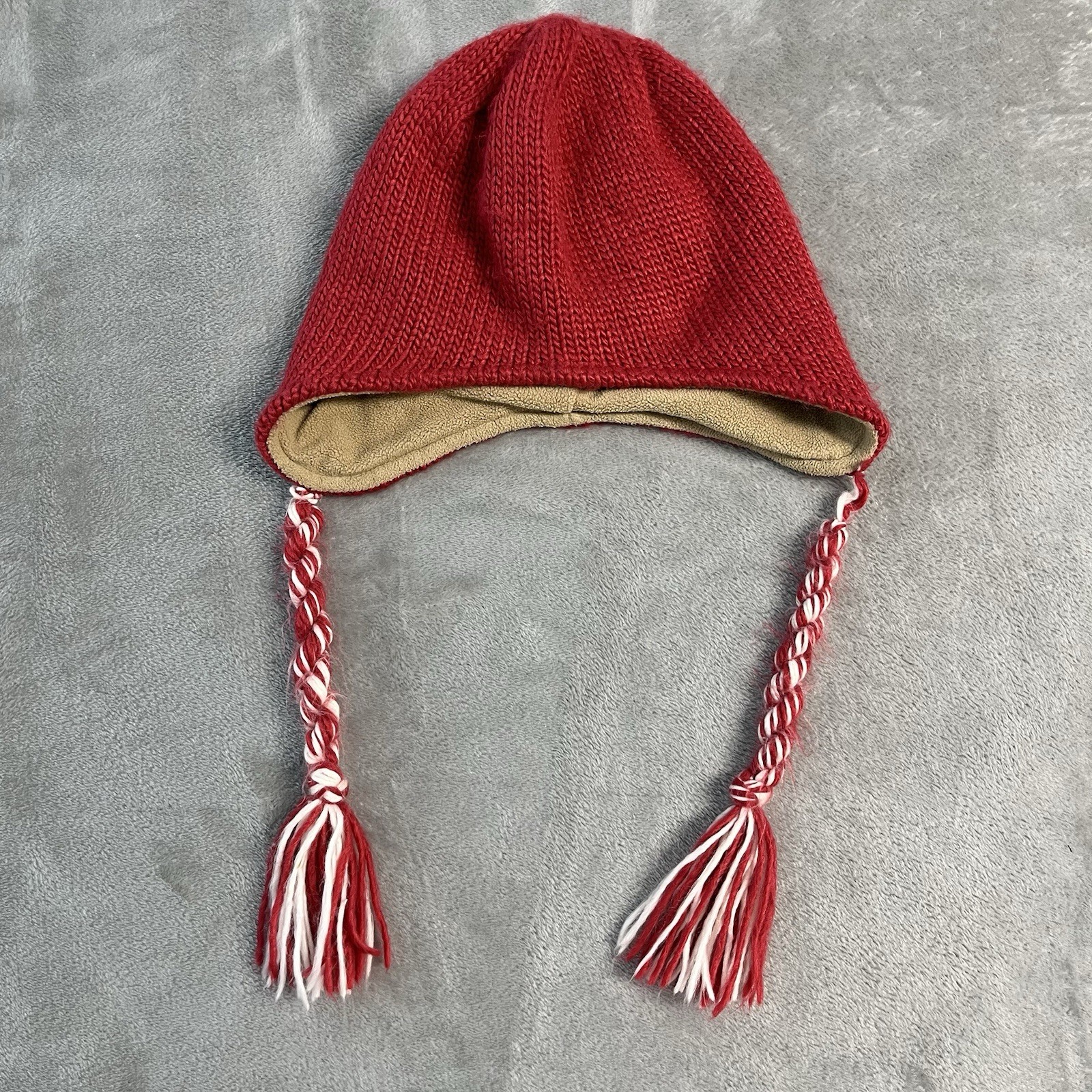 Columbia Fleece Lined Earflap Beanie Hat Red White Braided Tassels Unisex OS