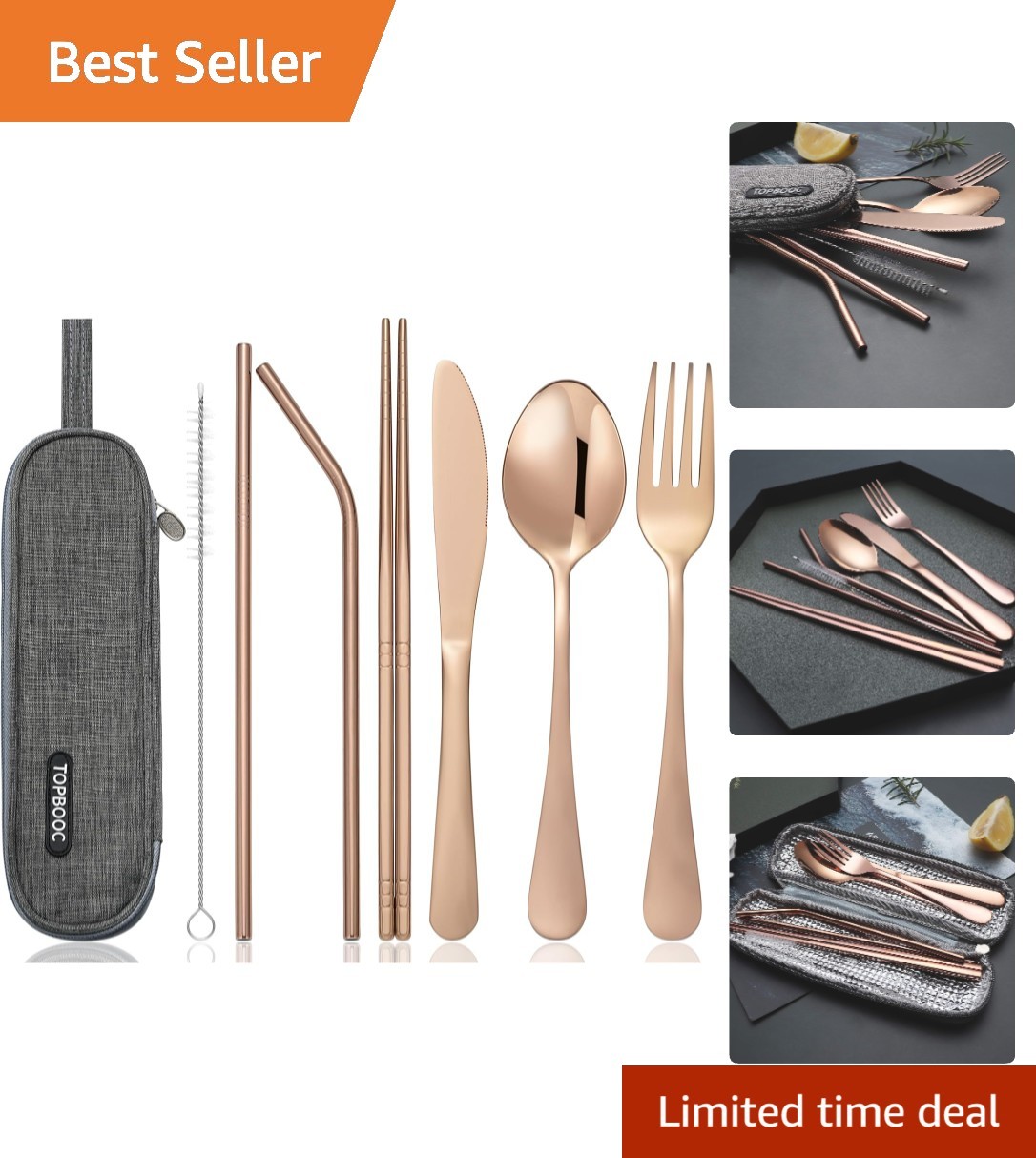 Lightweight 8-Piece Stainless Steel Cutlery Set for Camping & Travel - Rose Gold