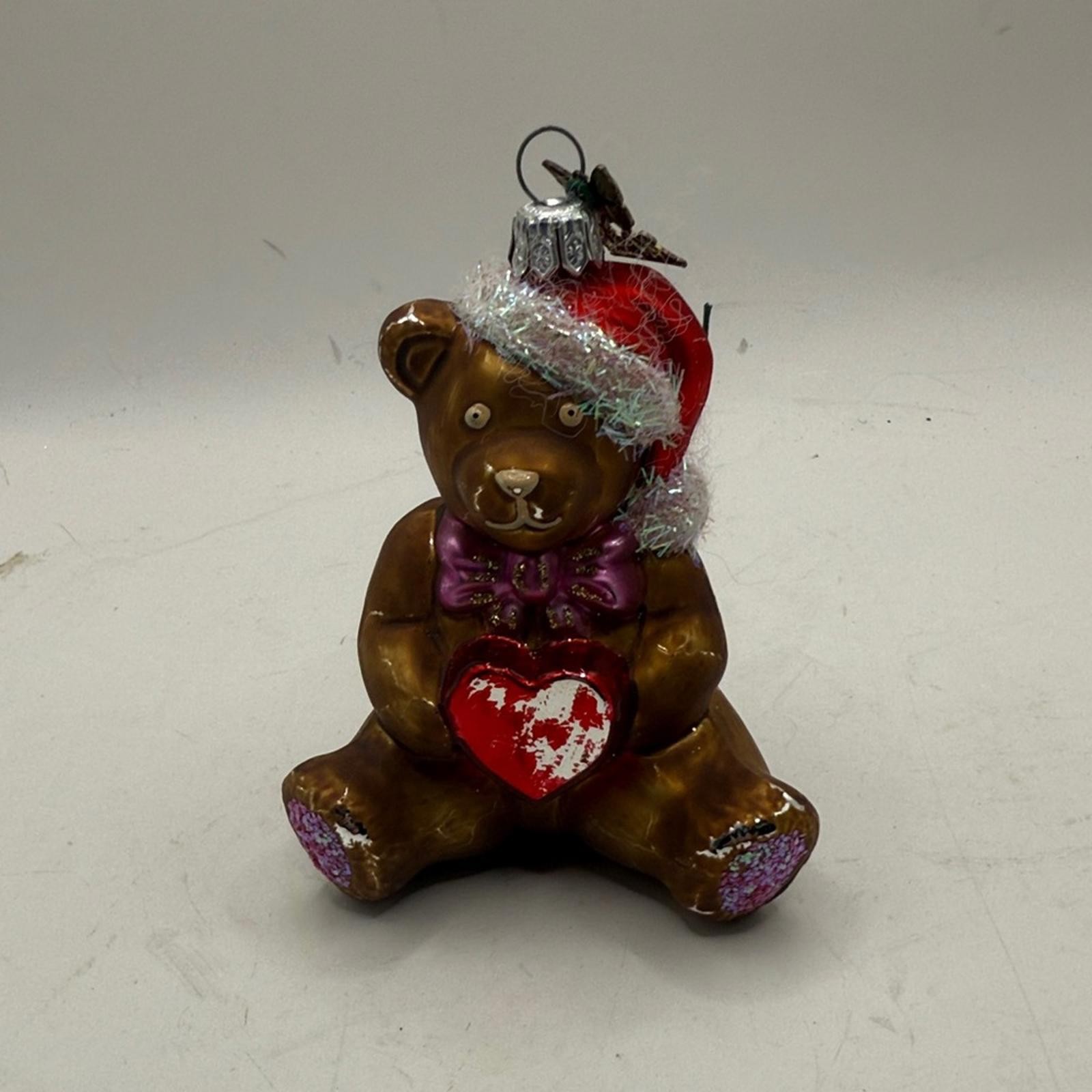 Vtg Blown Glass Brown Bear Christmas Ornament Red Heart Collectible Decor 2005