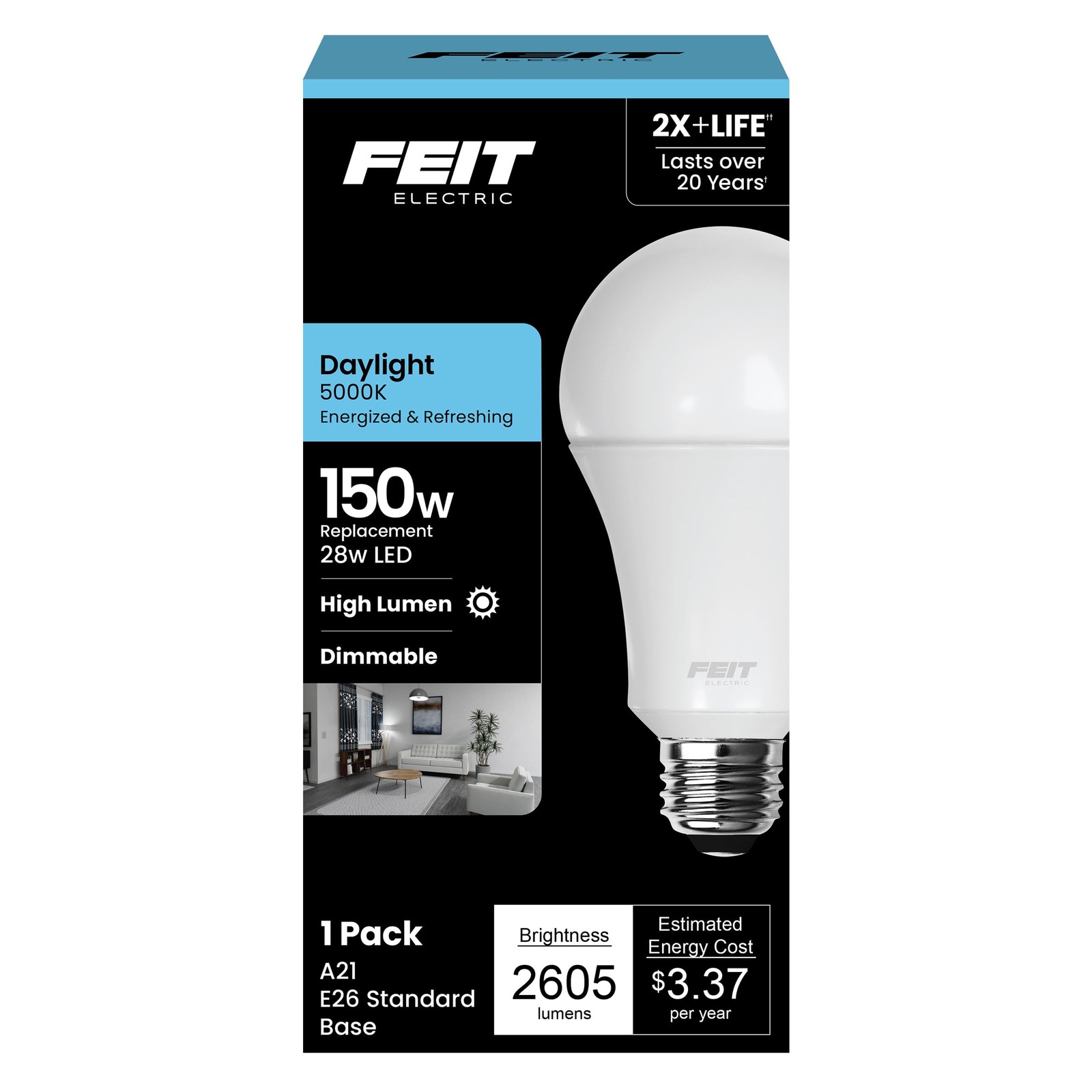 Feit Electric A21 LED Light Bulb, 150W Equivalent, LED, 5000k Daylight