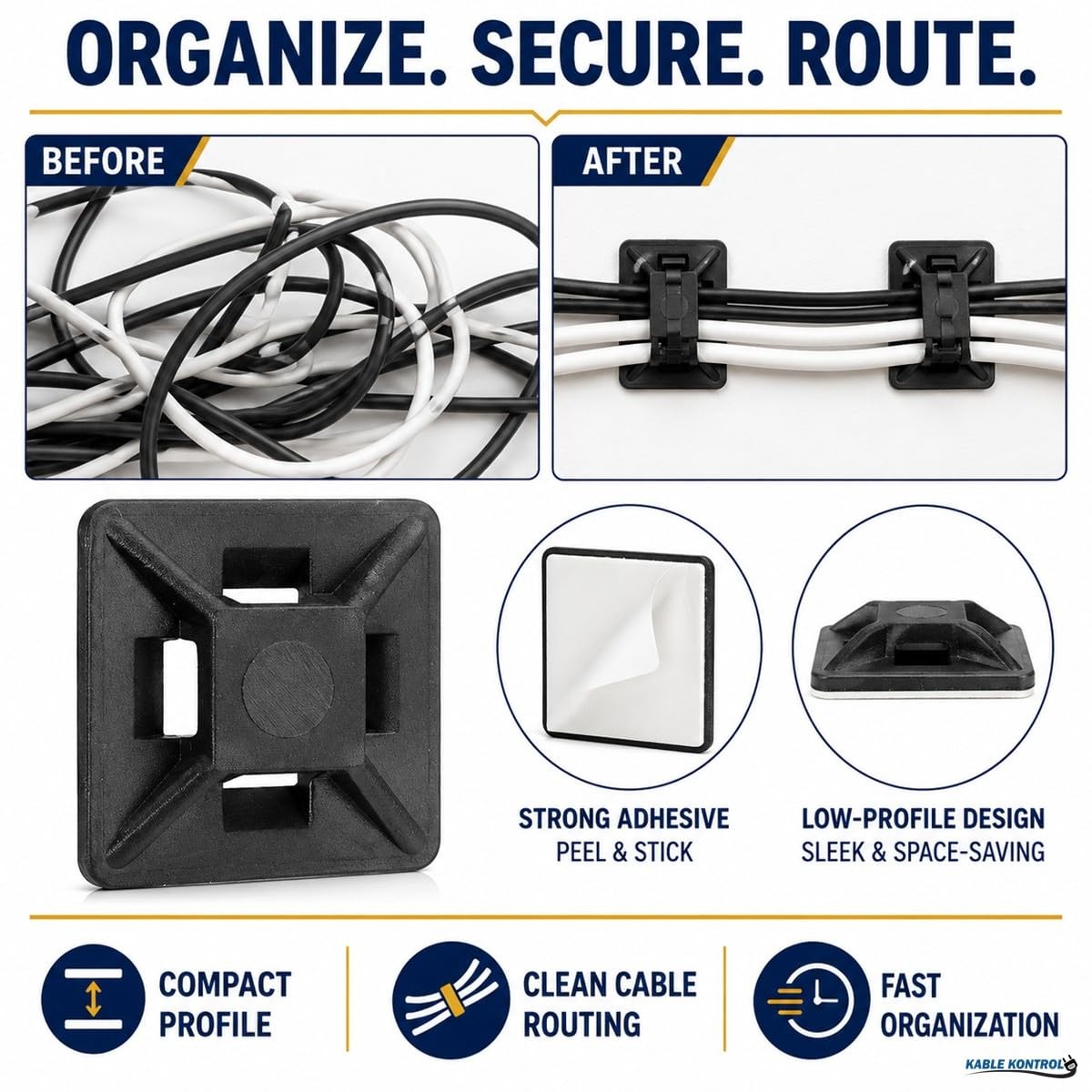 100 PCS Zip Tie Mounts 1/2 Sq Black Adhesive Backed UVResistant Nylon