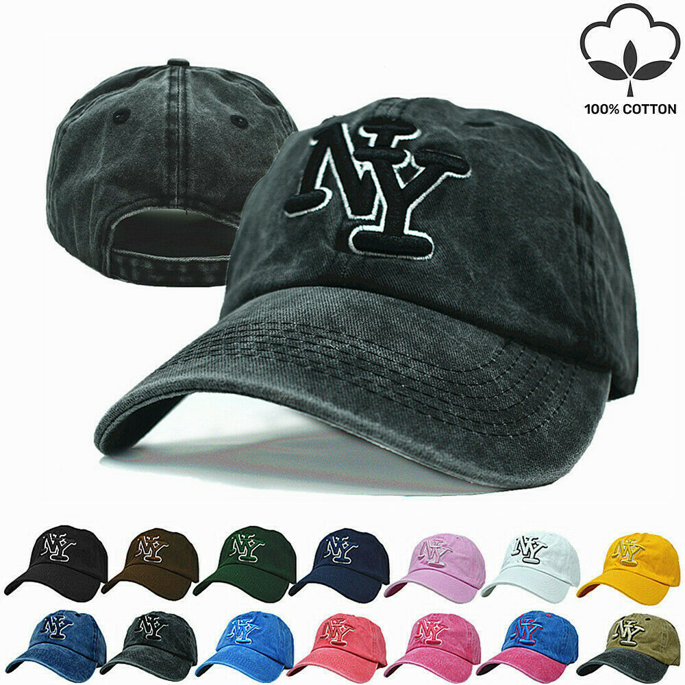 Mens Womens Washed Cotton Vintage New York NY Baseball Solid Cap Adjustable Hat
