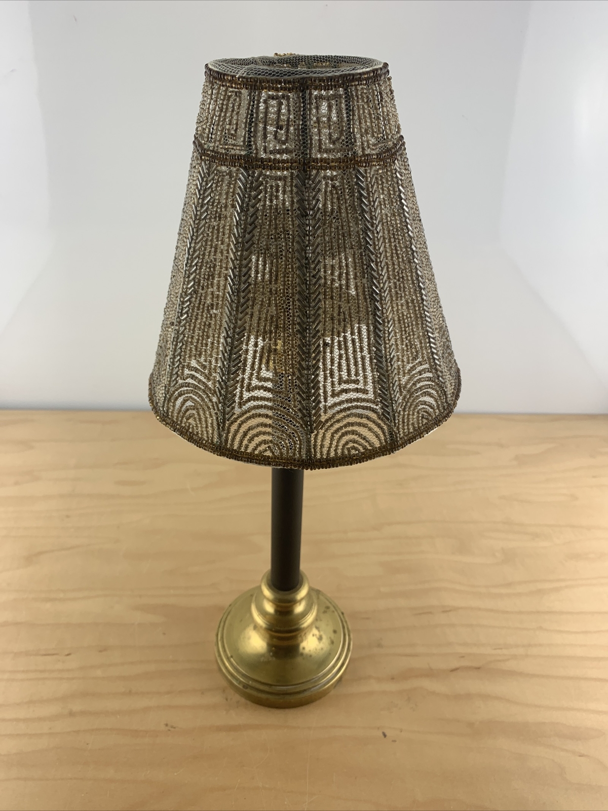 Vintage Brass Votive Or Candle Stick Stand With Beaded Lamp Shade Hong Kong 15''