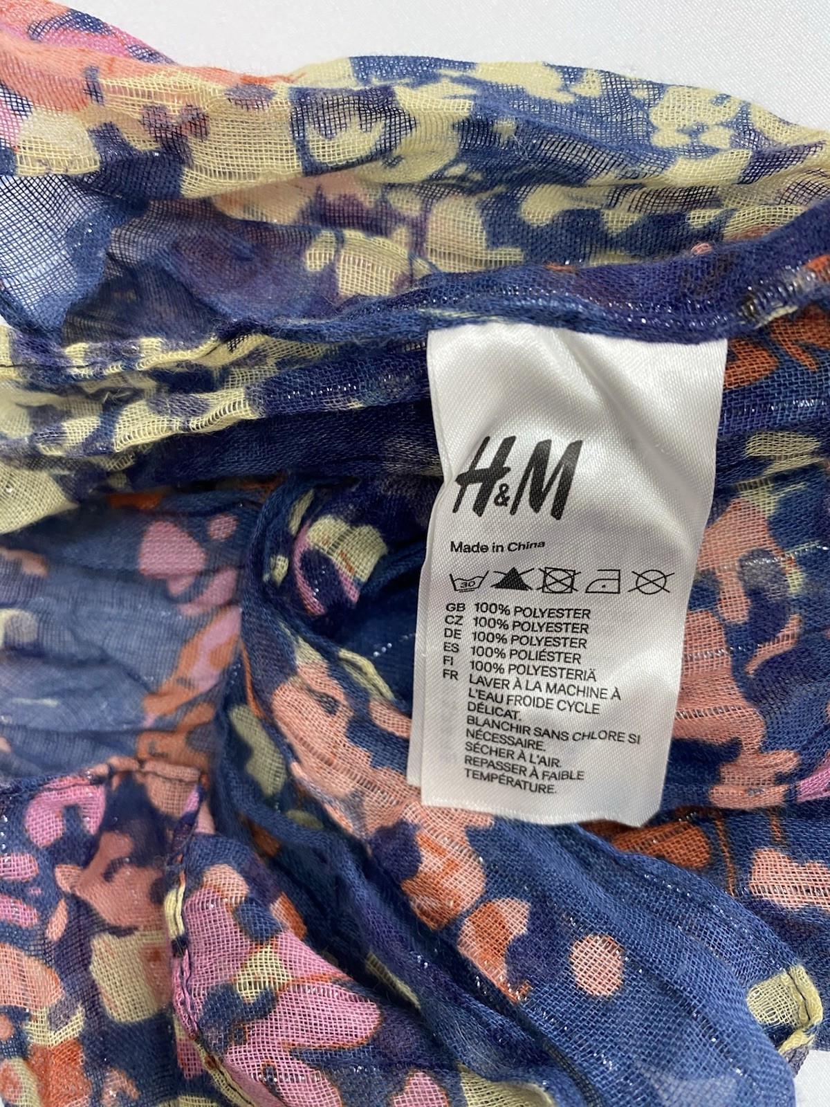 H&M Floral Crinkle Scarf | Navy Pink Yellow Lightweight Sparkle Lurex Long