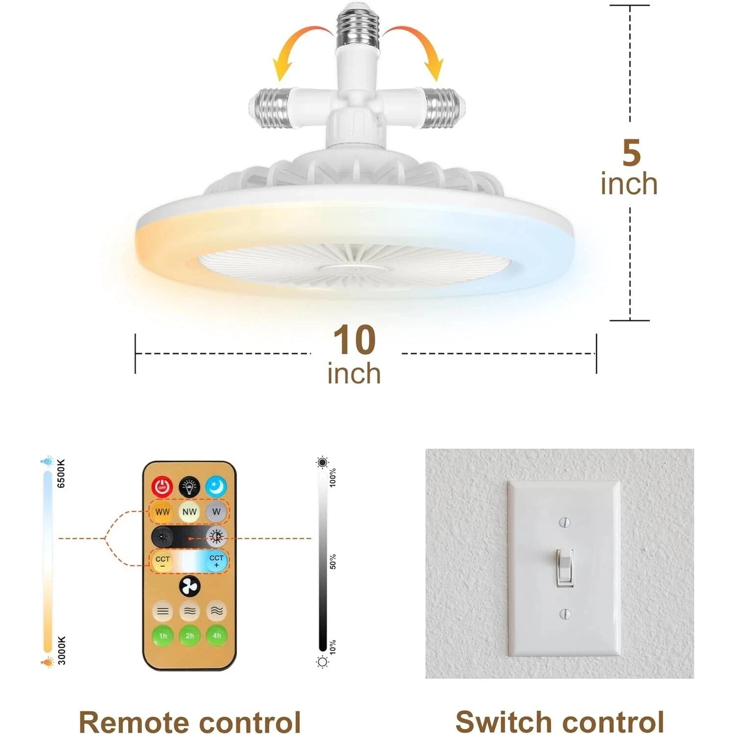 10" Adjustable E27 Socket Ceiling Fan Light 3-Color Temp LED Chandelier w/Remote
