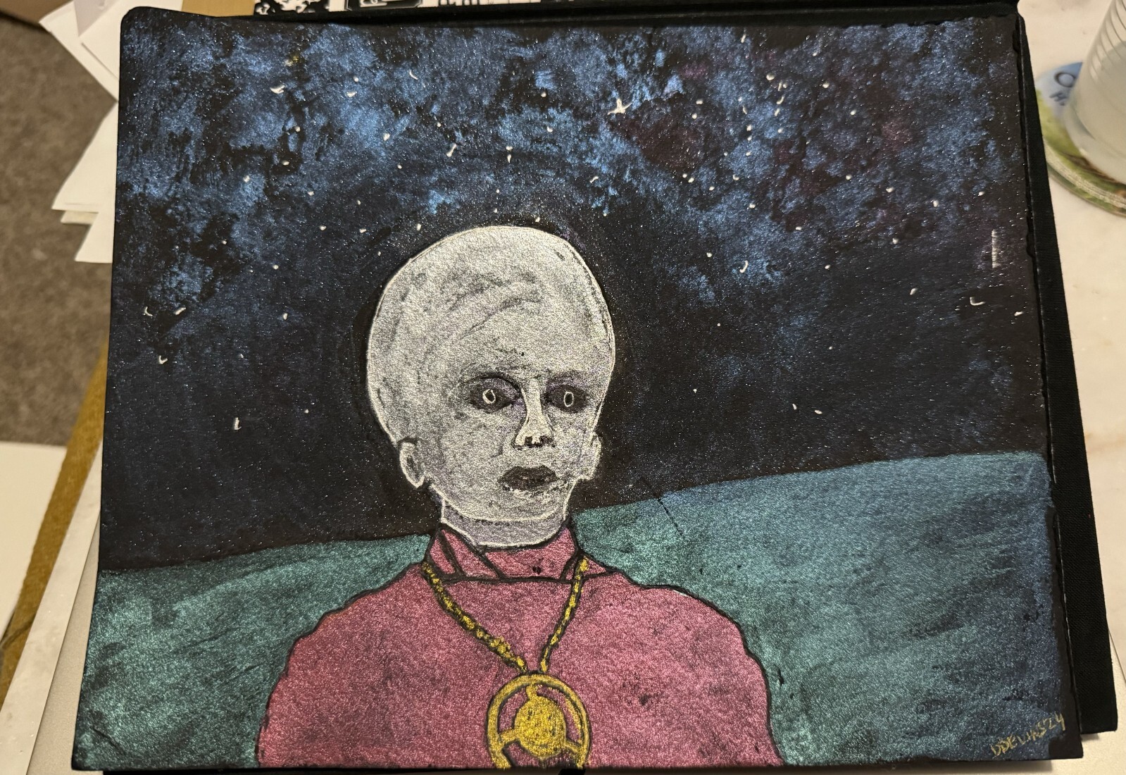 Original art 8x10" metallic watercolor/ink painting OOAK handmade metallic Alien