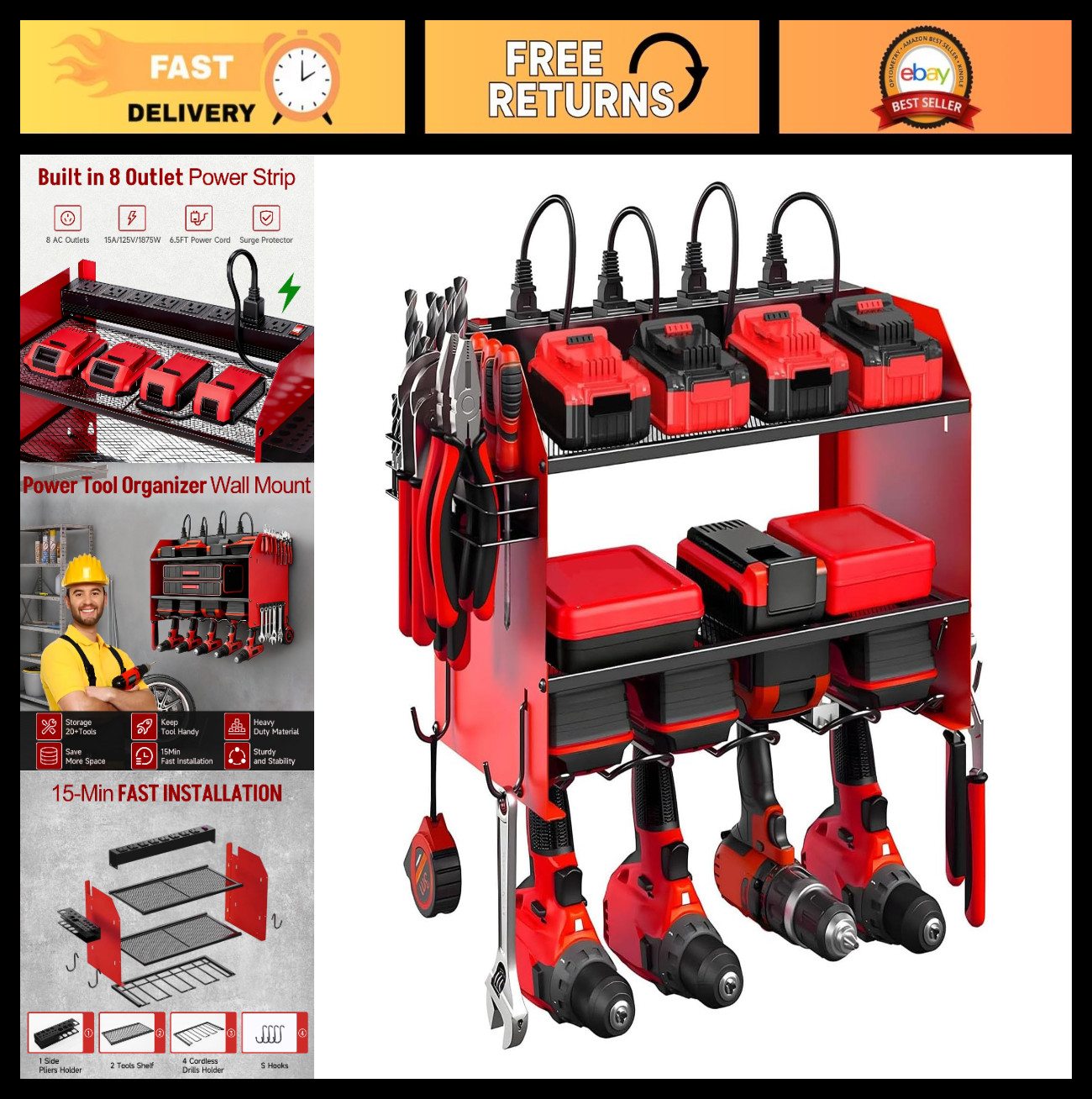 Heavy Duty Wall Mount Power Tool Organizer with Charging Station & 4 Drill Holde