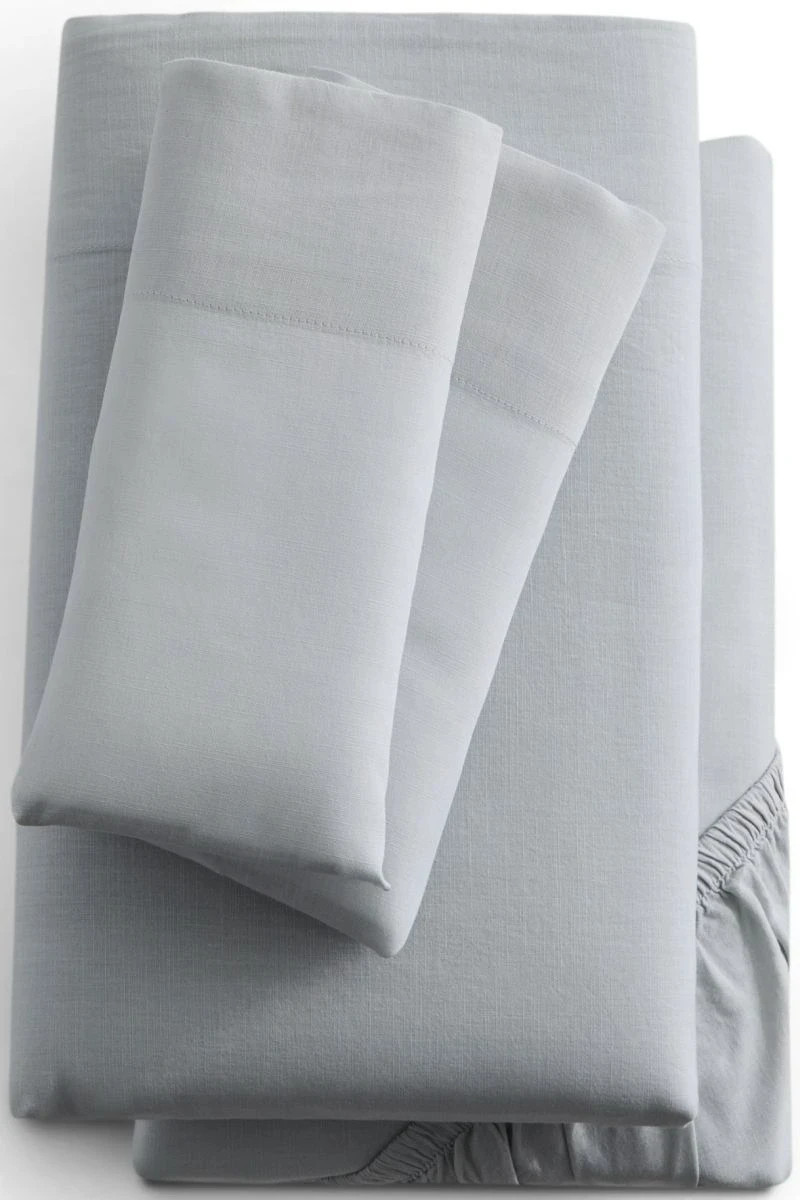 Malouf Linen Weave Cotton SPLIT King Sheet Set Fog/Light Grey Open Percale