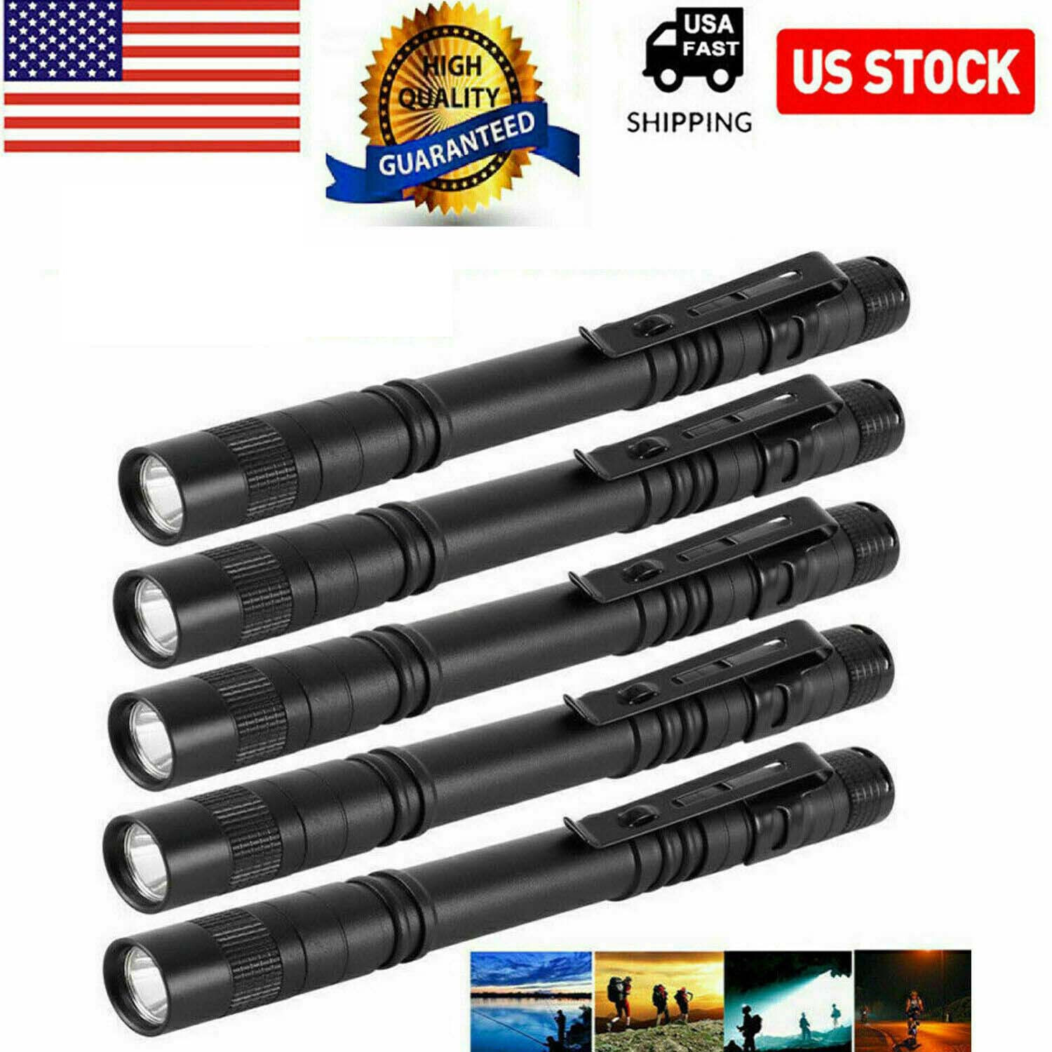 5 lot Pcs  Flashlight Portable Pen Torch Lamp Clip Mini Light Penlight US