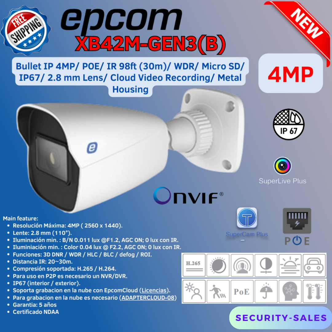 EPCOM XB42M-GEN3(B) Camera Bullet IP 4MP (2K) 2.8mm Lens IR 98ft IP67 Micro SD P