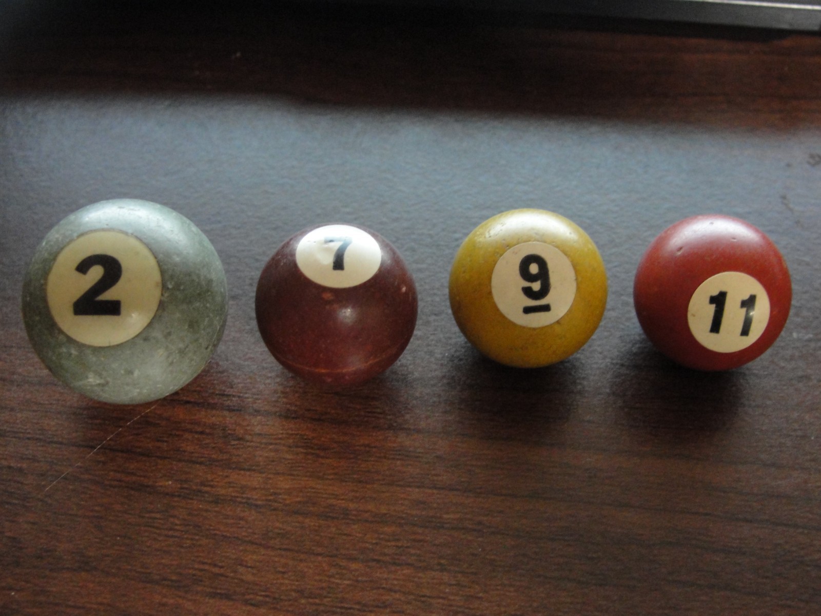 Set of Four Vintage Miniature Billiard Balls, Numbers 2, 7, 9, and 11