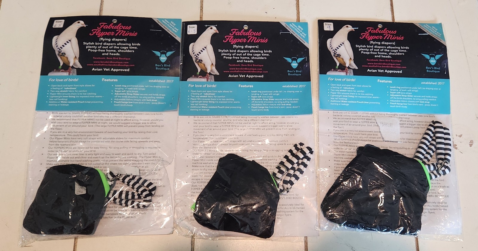 Bevs Bird Boutique Fabulous Flyper Minis Lot Of 3, Black Beauty Sz 4.5, 6.5, & 9
