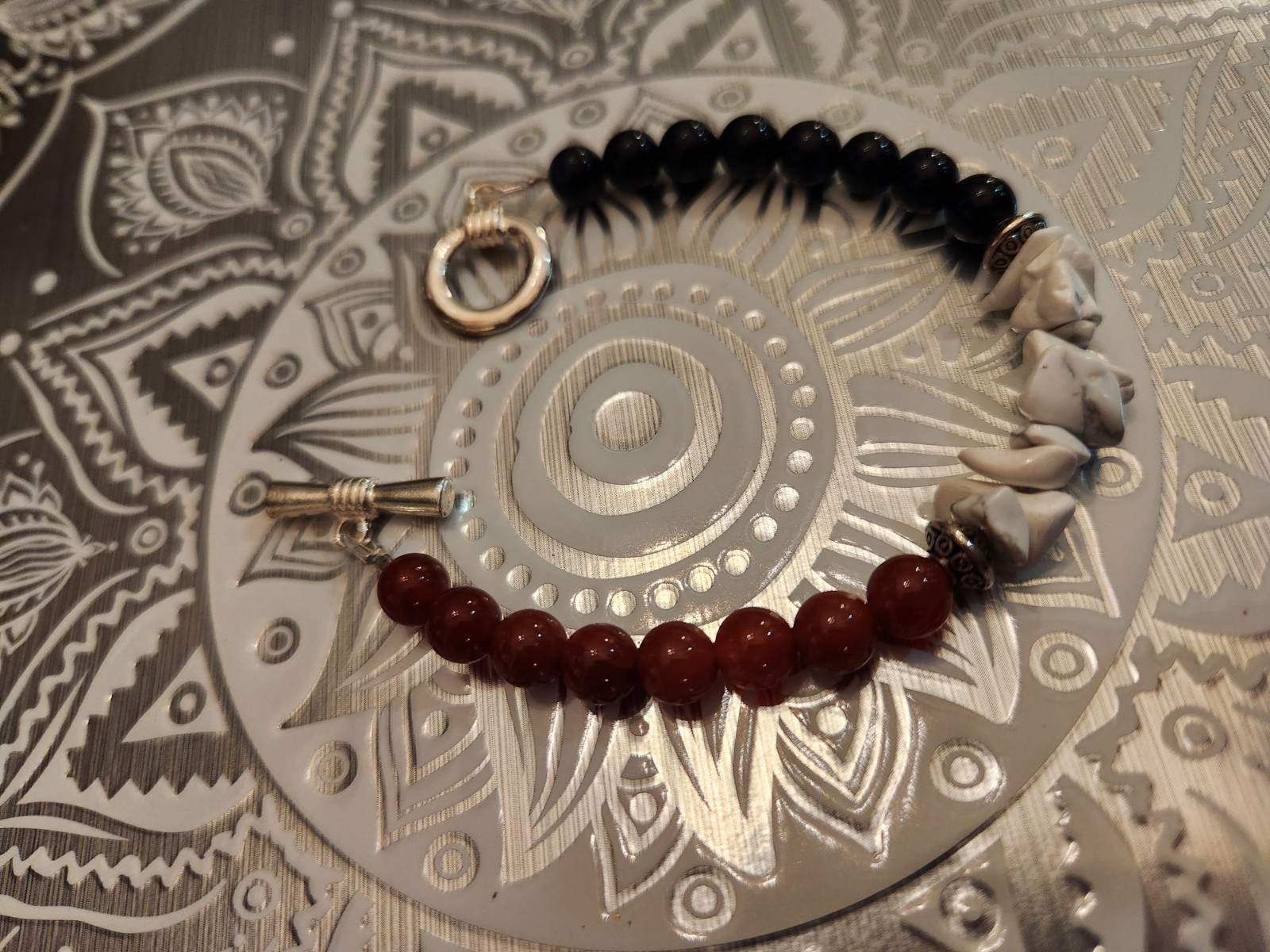 Handmade Artisan Howlite Carnelian Obsidian Toggle Bracelet.  #391
