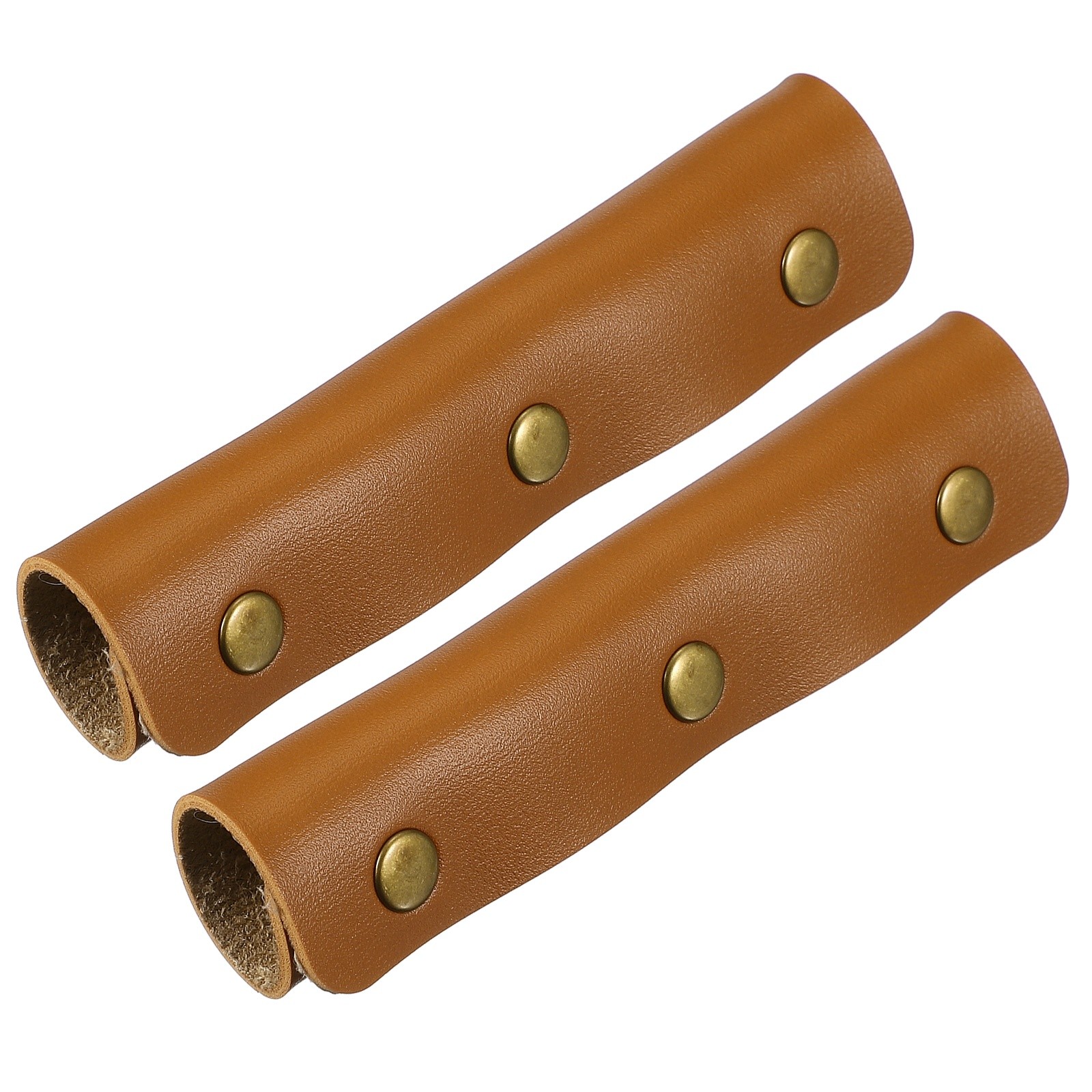 2 Pcs Leather Luggage Handle Wraps Fine Texture Bronze Buckle, Amber Brown