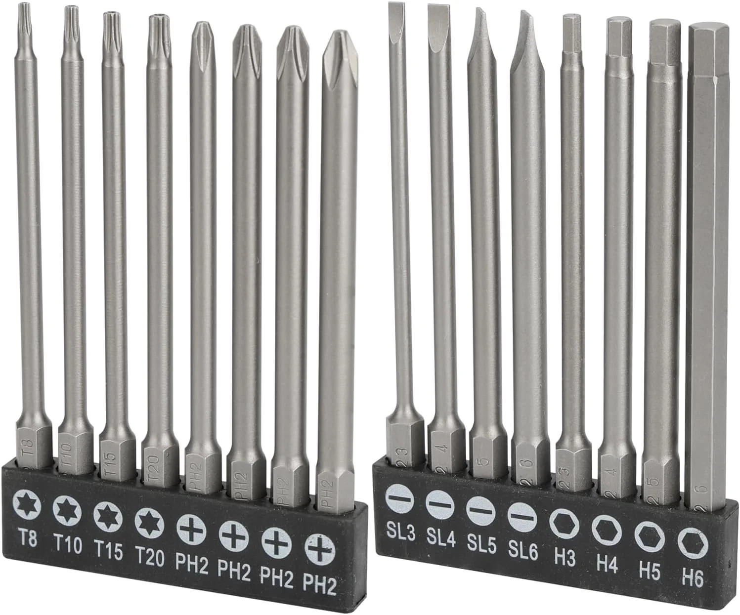 Bates- Long Screwdriver Bits Set, 16 pcs, 1/4 Hex Shank, Slotted, Phillips, Hex