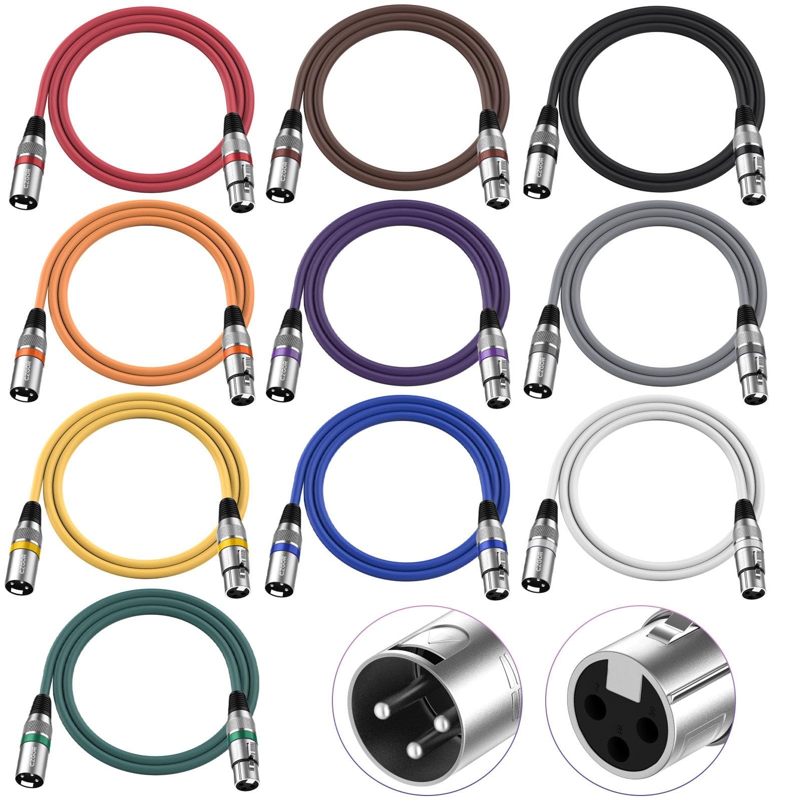 XLR Cables 4ft 10-Pack DMX 3-Pin Microphone Male to Female Multi-Color