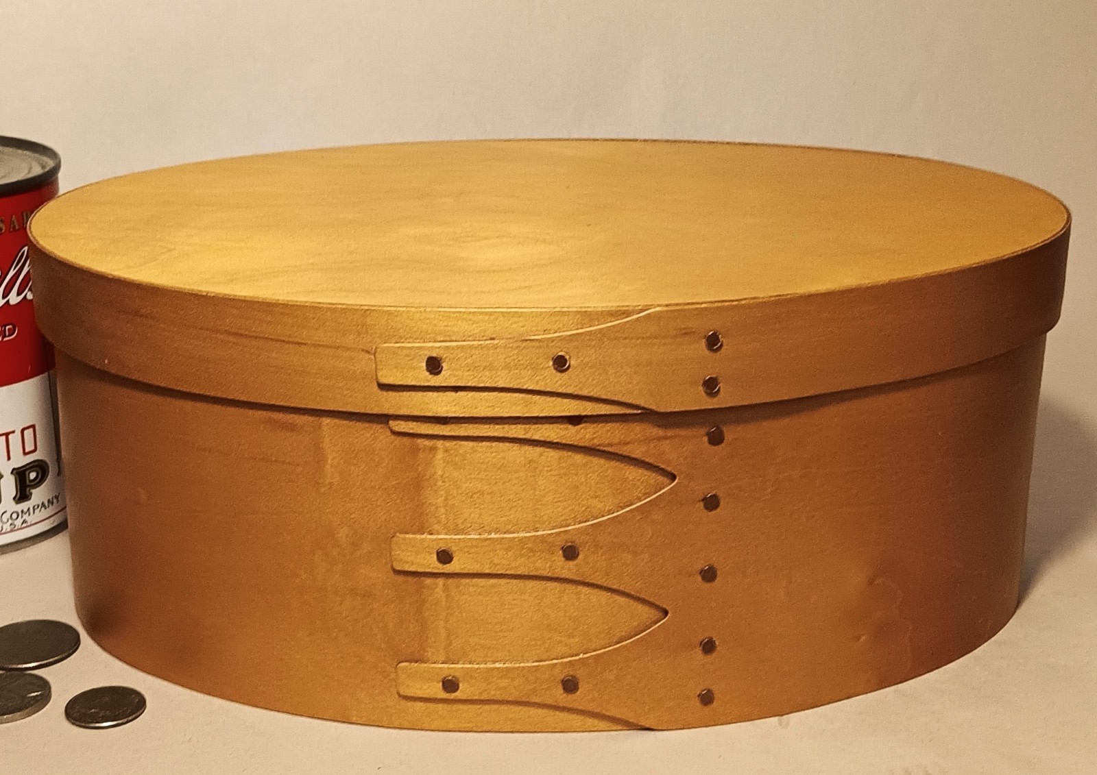 10" BENTWOOD BOX vtg oval Scandinavian wood sewing food storage copper norwegian